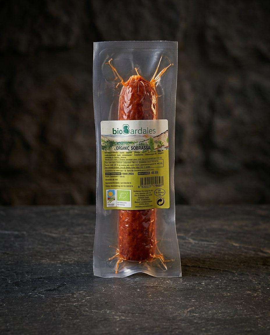 Casa Riera Ordeix Organic Sobrasada 300g packaging and sausage display