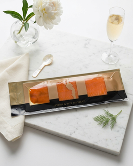 Smoked salmon side d-sliced approximately 1.2kg on wooden board