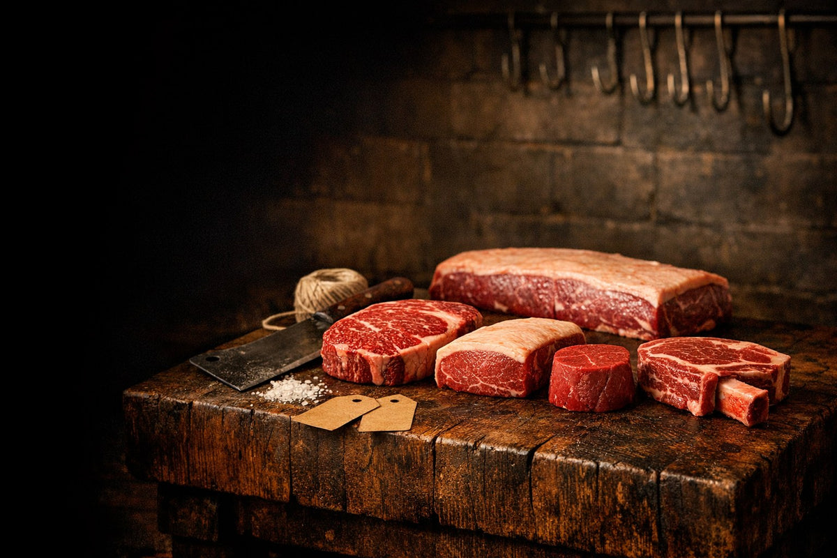 Raw Wagyu ribeye, striploin, fillet, short rib and a whole striploin on a butcher's block