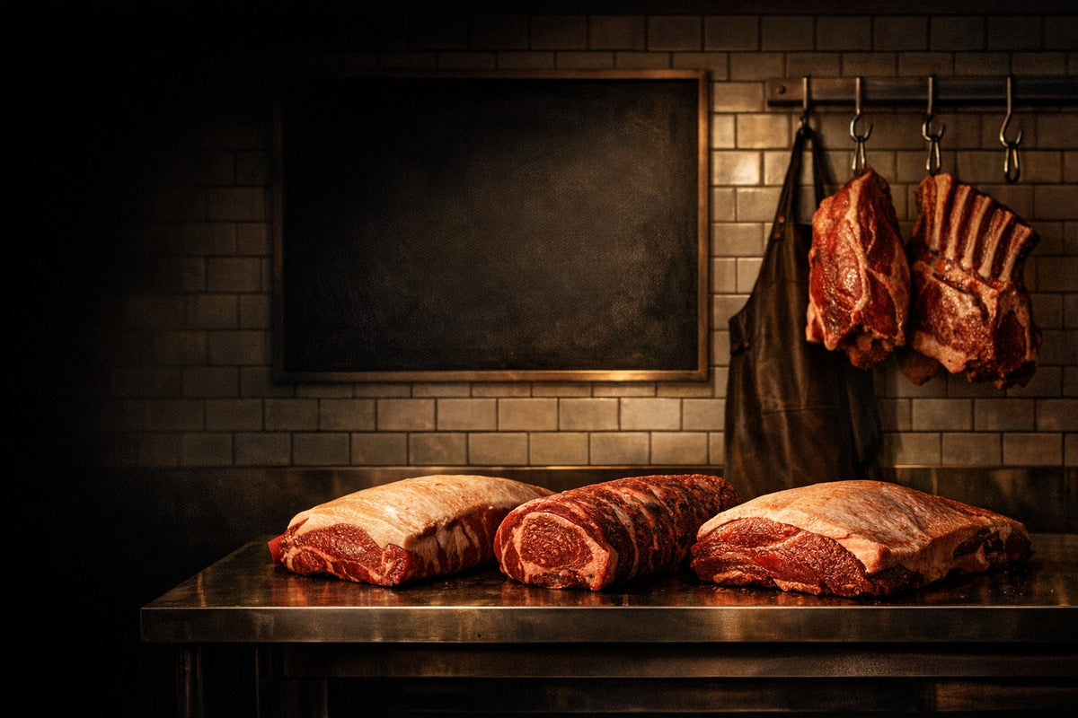 Whole beef primals on a steel bench in a butcher's cutting room