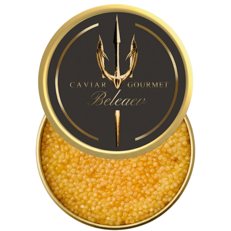 Close-up of Almaz Diamond Caviar eggs with luminous tender gold to golden yellow color