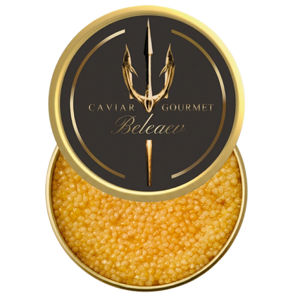 Close-up of Almaz Diamond Caviar eggs with luminous tender gold to golden yellow color