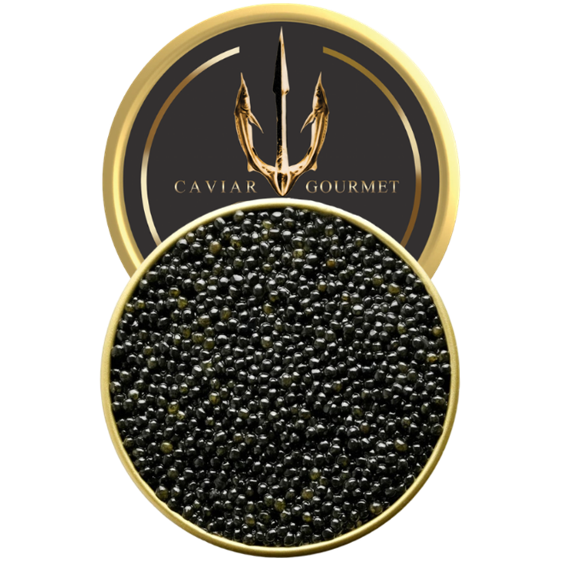 Tin of Royal Baeri Caviar with grey medium-sized pearls and a sweet nutty flavour
