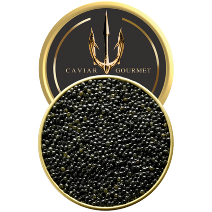 Tin of Royal Baeri Caviar with grey medium-sized pearls and a sweet nutty flavour
