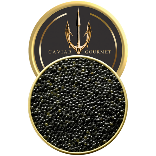 Tin of Royal Baeri Caviar with grey medium-sized pearls and a sweet nutty flavour