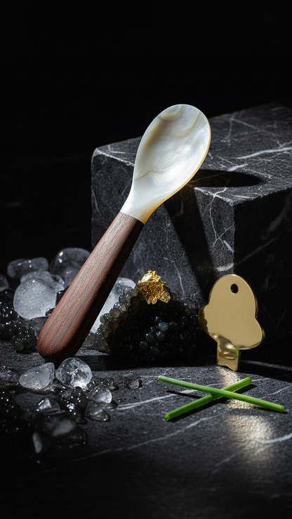 Elegant BELEAEV caviar gift box with wooden finish and pearl spoon