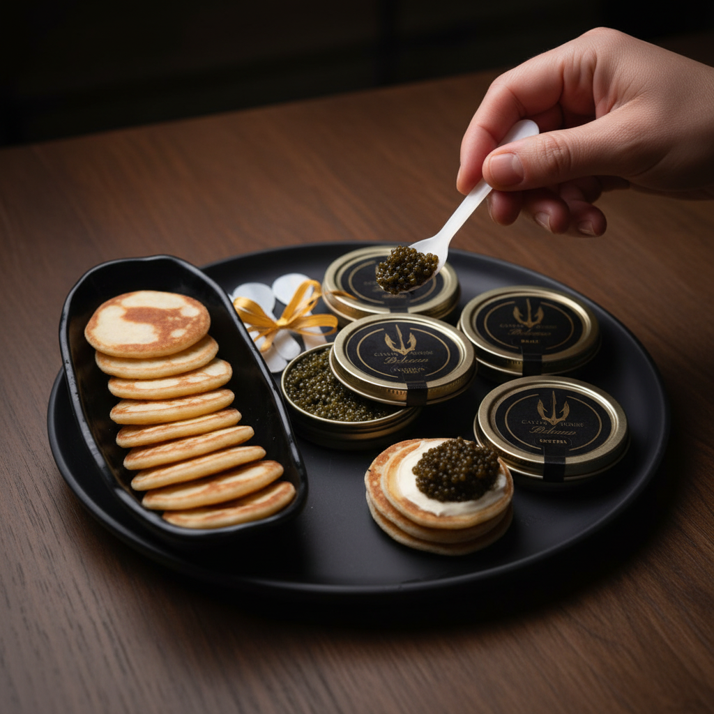 Beleaev Signature Tasting Set with 4 premium caviar varieties, mother of pearl spoons, and mini blinis in 4x30g packaging