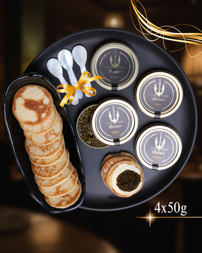 Beleaev Signature Tasting Set with four 50g premium caviar varieties and mother of pearl spoons