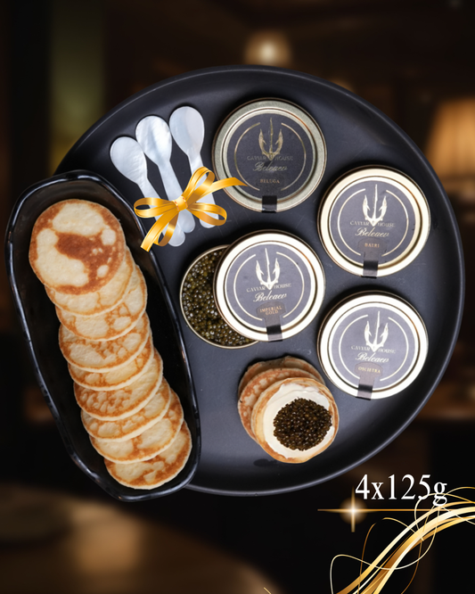Beleaev Signature Tasting Set with four premium caviar varieties and tasting spoons