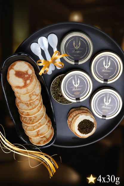 Beleaev Signature Tasting Set with 4 premium caviar varieties, mother of pearl spoons, and mini blinis in 4x30g packaging