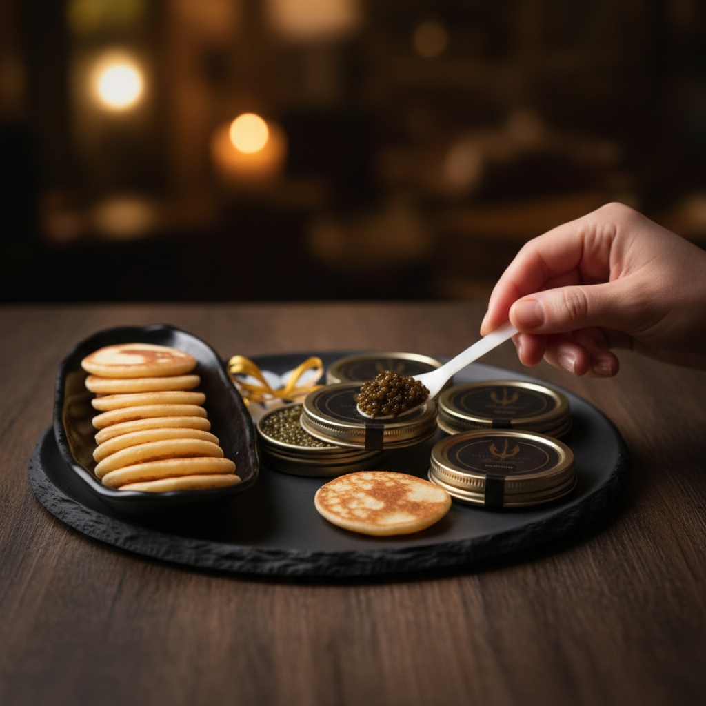 Beleaev Signature Tasting Set with 4 premium caviar varieties, mother of pearl spoons, and mini blinis