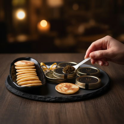 Beleaev Signature Tasting Set with 4 premium caviar varieties, mother of pearl spoons, and mini blinis