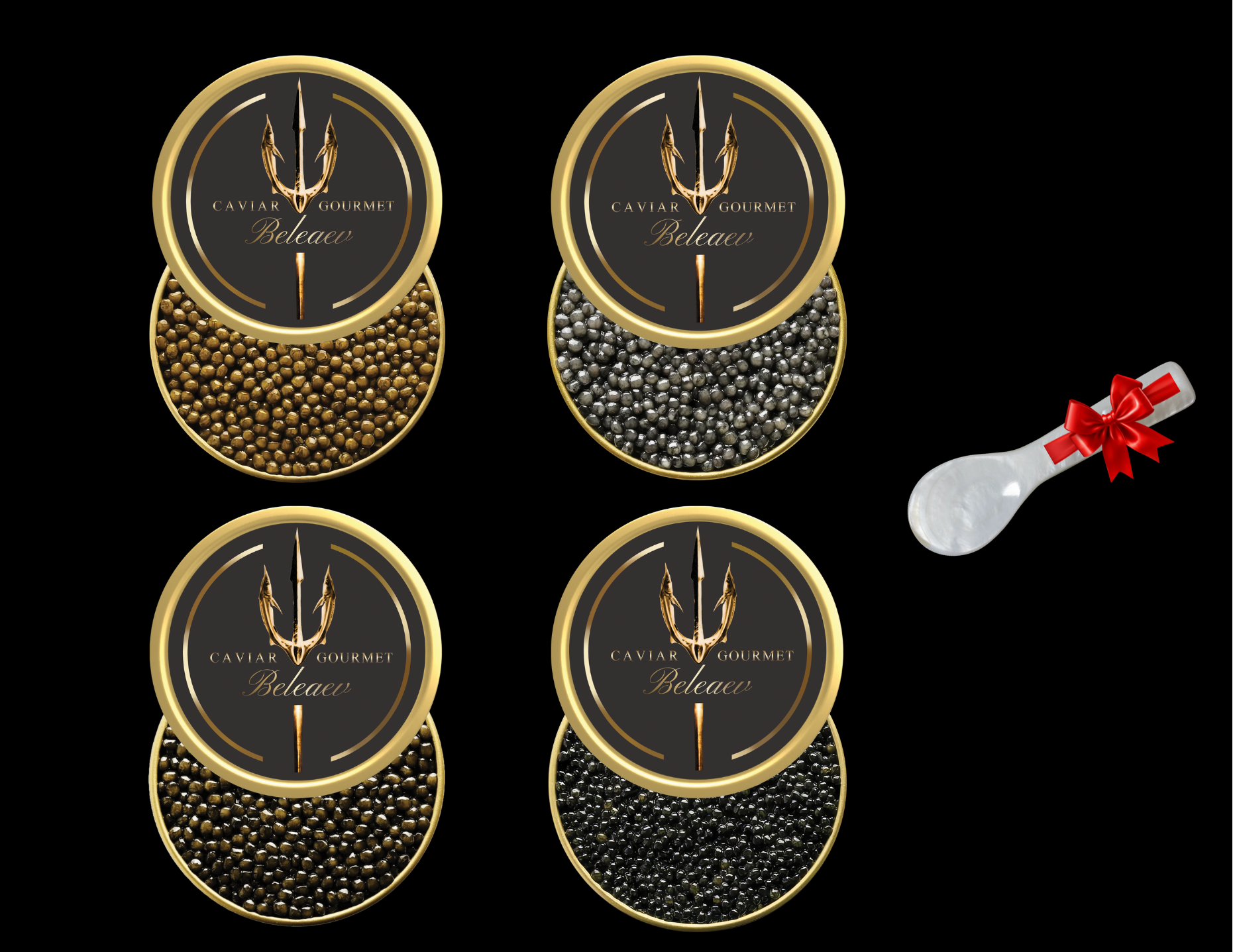 Beleaev Signature Tasting Set with four premium caviar varieties and tasting spoons