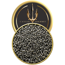 Tin of Beluga Reserve Caviar with pearl grey eggs and a briny delicate rich flavour