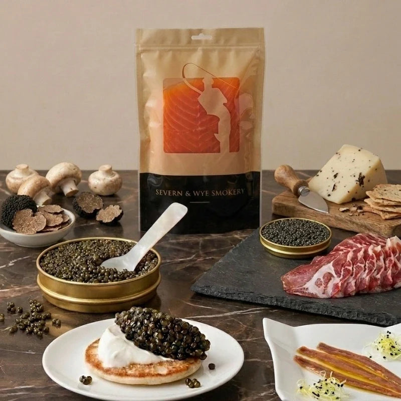 Grand caviar gift board with beluga reserve, oscietra royal, smoked salmon, cheese and blinis