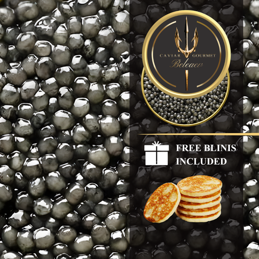 Beluga caviar set with pear grey eggs 3.0-3.5 mm showcasing briny delicate rich flavor