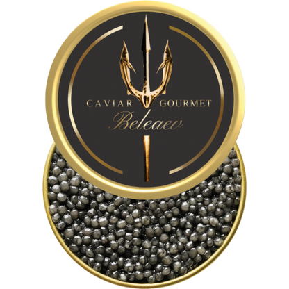 Close-up of pear grey Beluga Reserve Caviar eggs showing 3.0-3.5 mm size with briny delicate rich flavor features