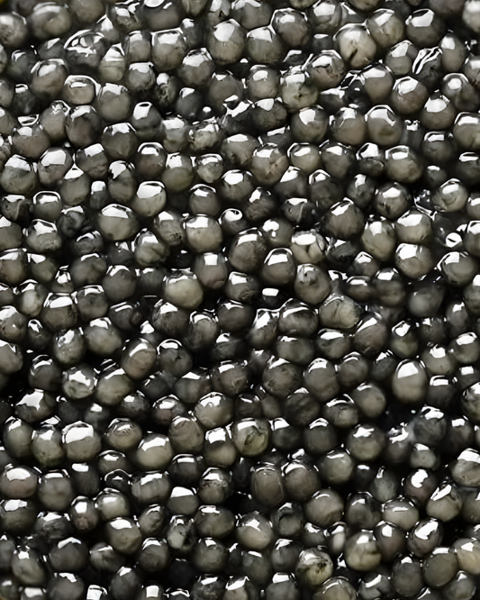 Beluga Reserve Caviar with large light grey pearls in tin