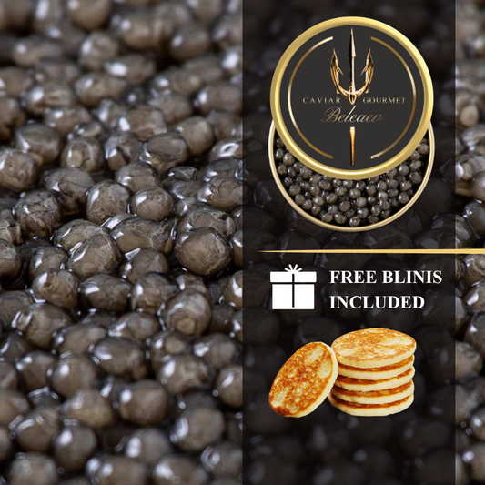 Beluga XXL Caviar Set with extra-large pearl grey eggs and cocktail blinis