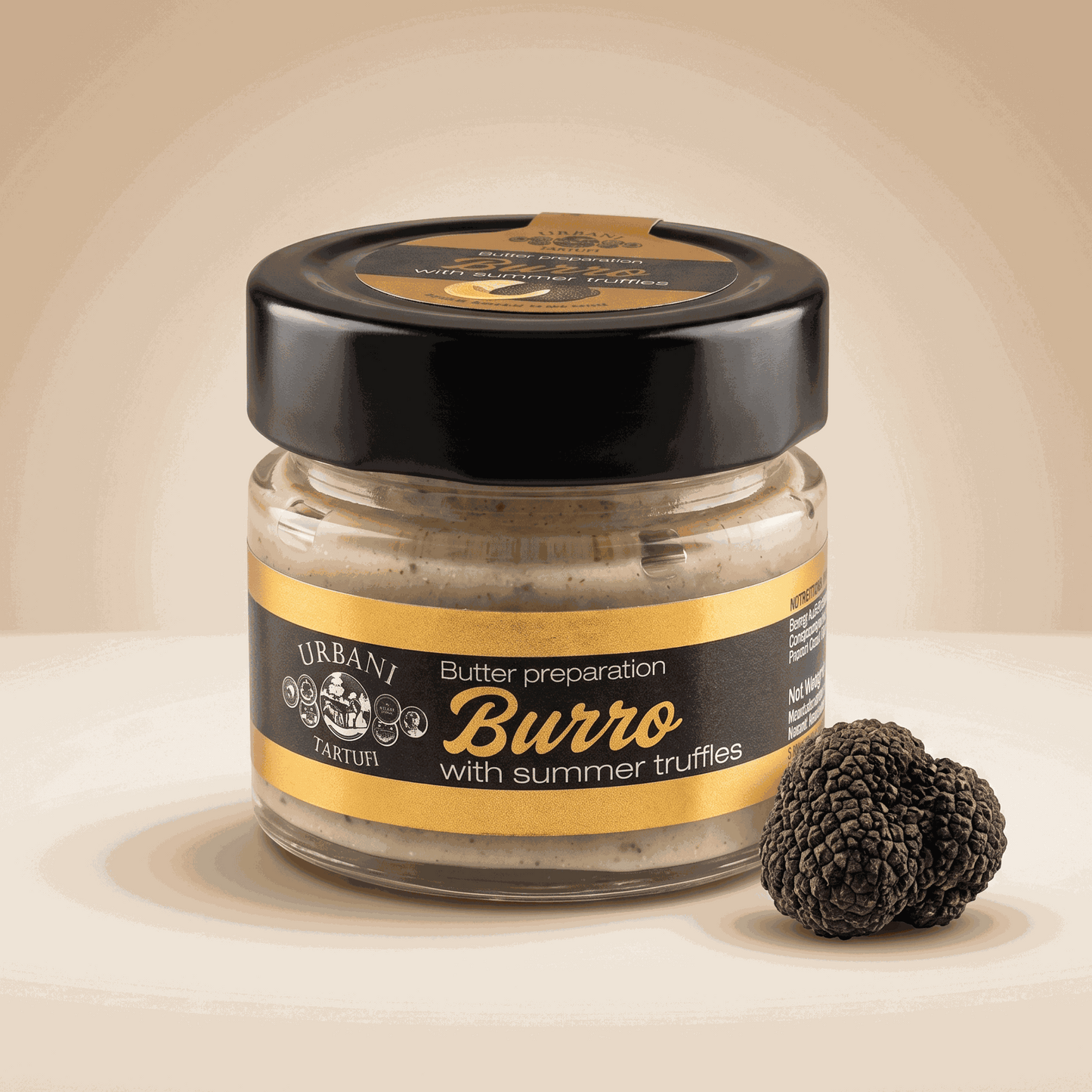 Black Truffle Butter 70gr packaging with truffle background