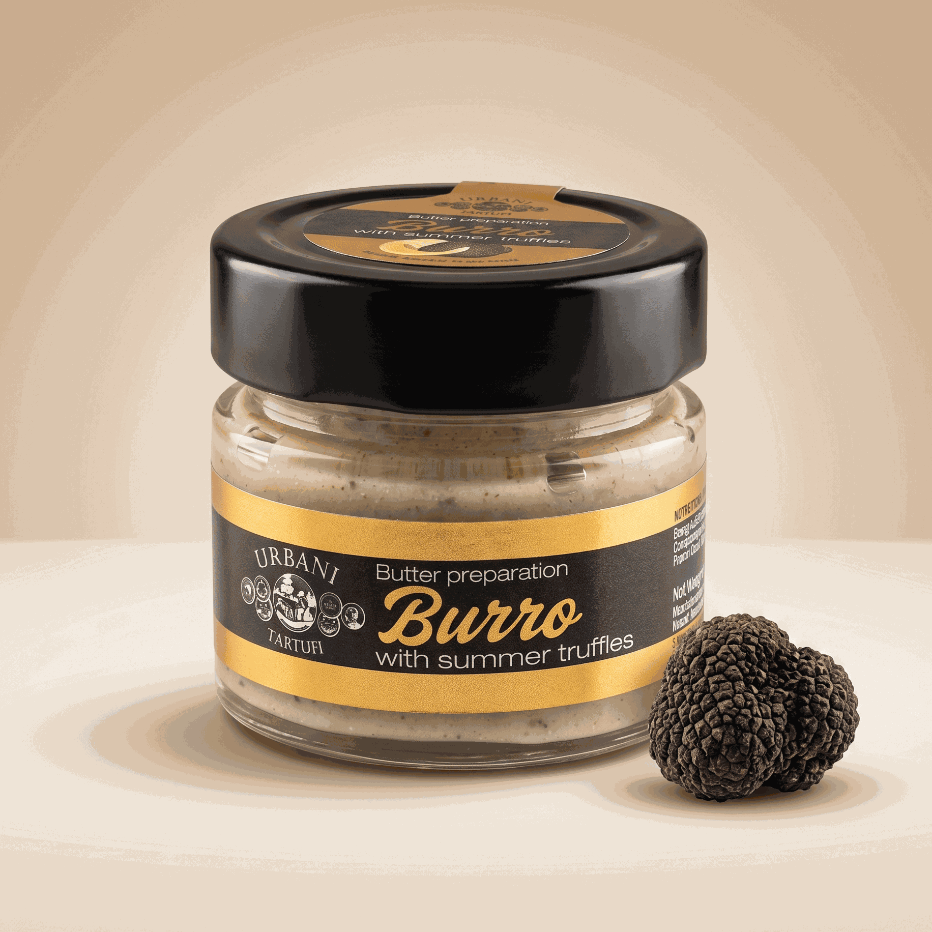 Black Truffle Butter 70gr packaging with truffle background