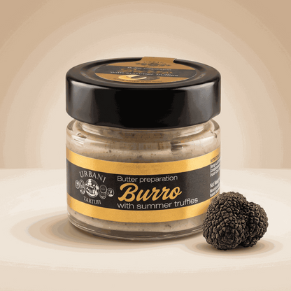 Black Truffle Butter 70gr packaging with truffle background