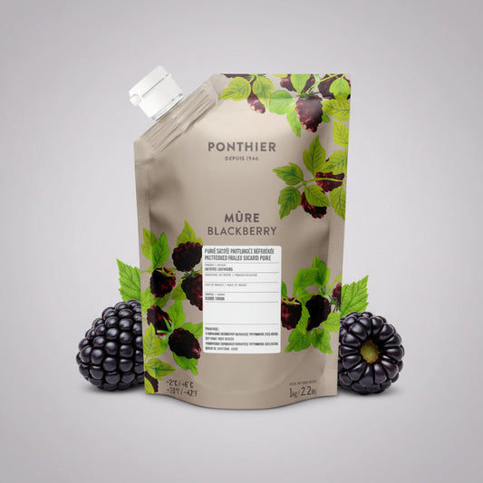 Blackberry Purée in a beige PONTHIER pouch with a white cap, blackberry and leaf graphics, and whole blackberries