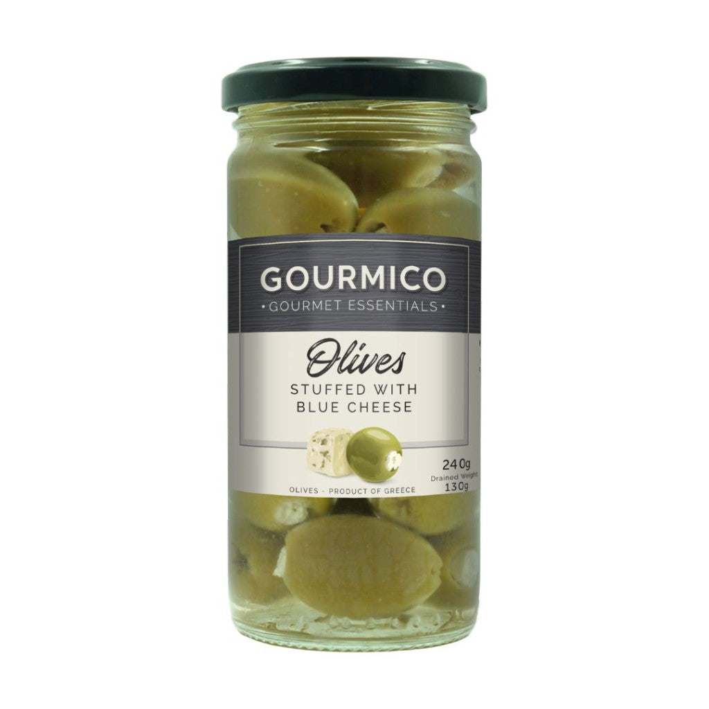 Blue cheese stuffed green Halkidiki olives in a bowl