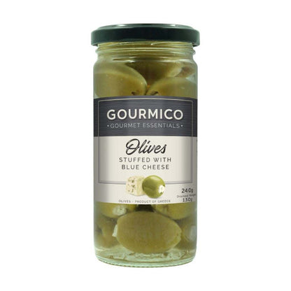 Blue cheese stuffed green Halkidiki olives in a bowl