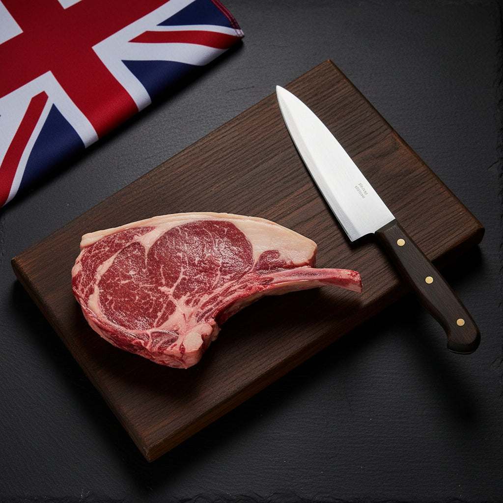 British Beef Bone-In Ribeye steak with visible marbling and bone, placed on a wooden board next to a knife and a British flag