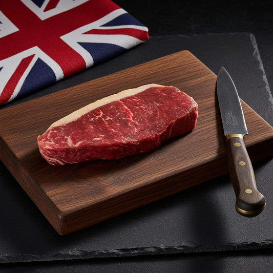 British Beef dry-aged striploin steak with deep red marbling on wooden board next to knife and Union Jack cloth