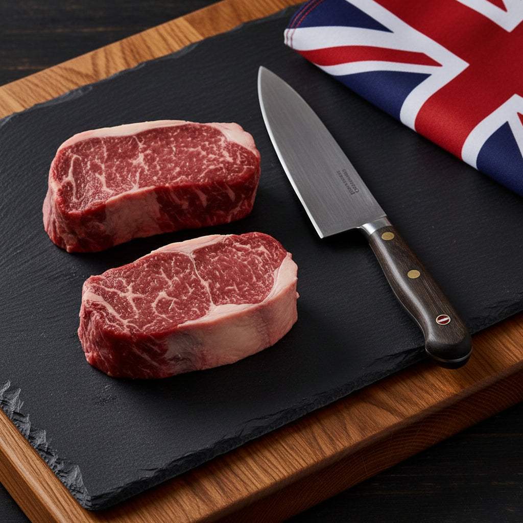 British Beef Fillet Steaks two raw well-marbled red beef fillet steaks on black slate board with chef's knife and folded British flag