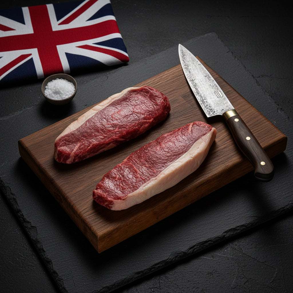 British Beef Picanha Steaks two dry-aged deep red cuts with a visible fat cap on wooden board alongside a knife and salt