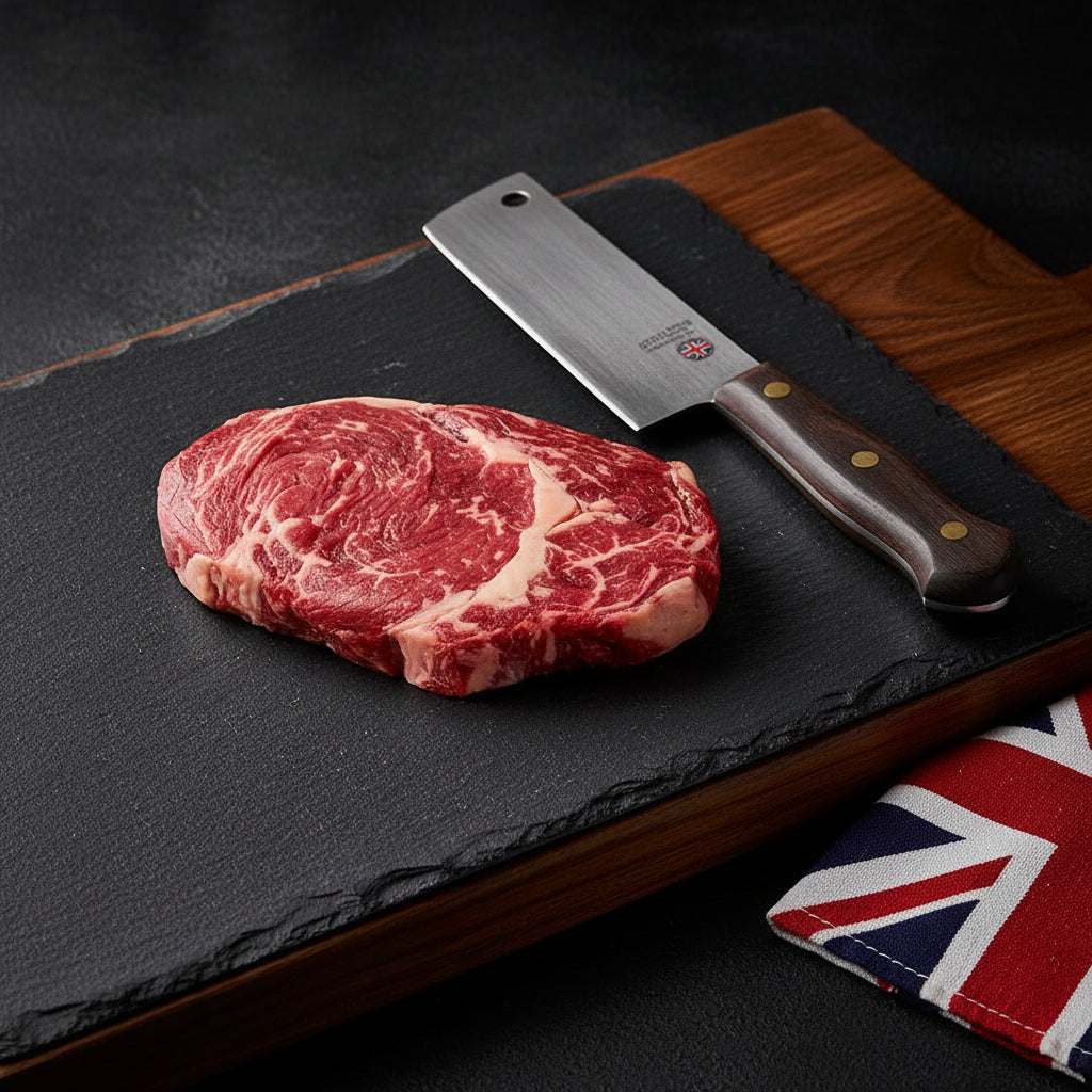 British Beef Ribeye Steak raw red meat with marbling on black slate board beside wooden handled cleaver and Union Jack cloth