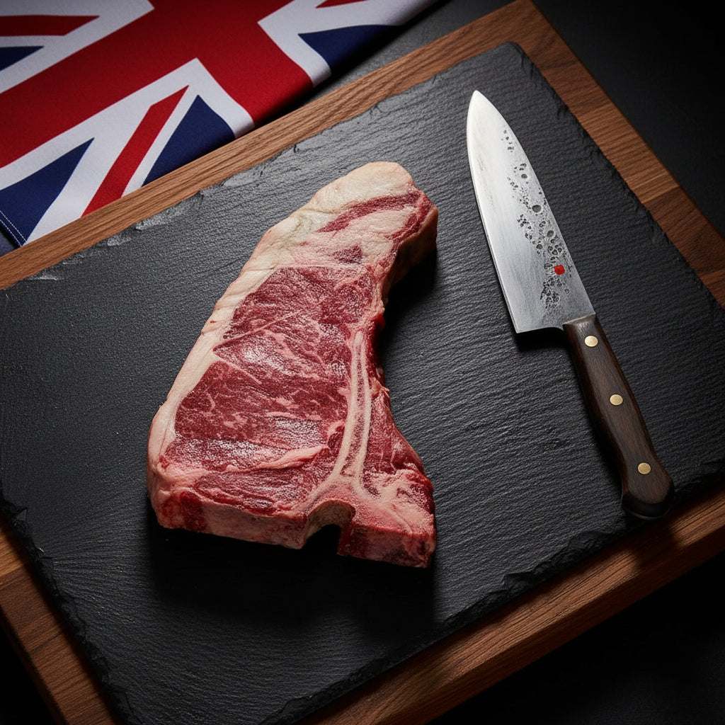 British Beef T-Bone steak raw with visible marbling and fat cap, placed next to a kitchen knife on a black slate board