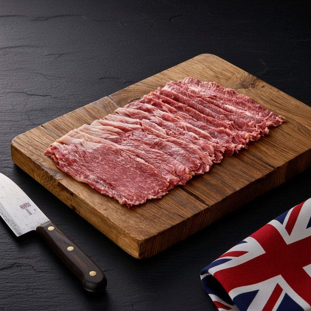 British Wagyu Beef thinly sliced with rich marbling arranged on a wooden cutting board beside a knife and UK flag cloth