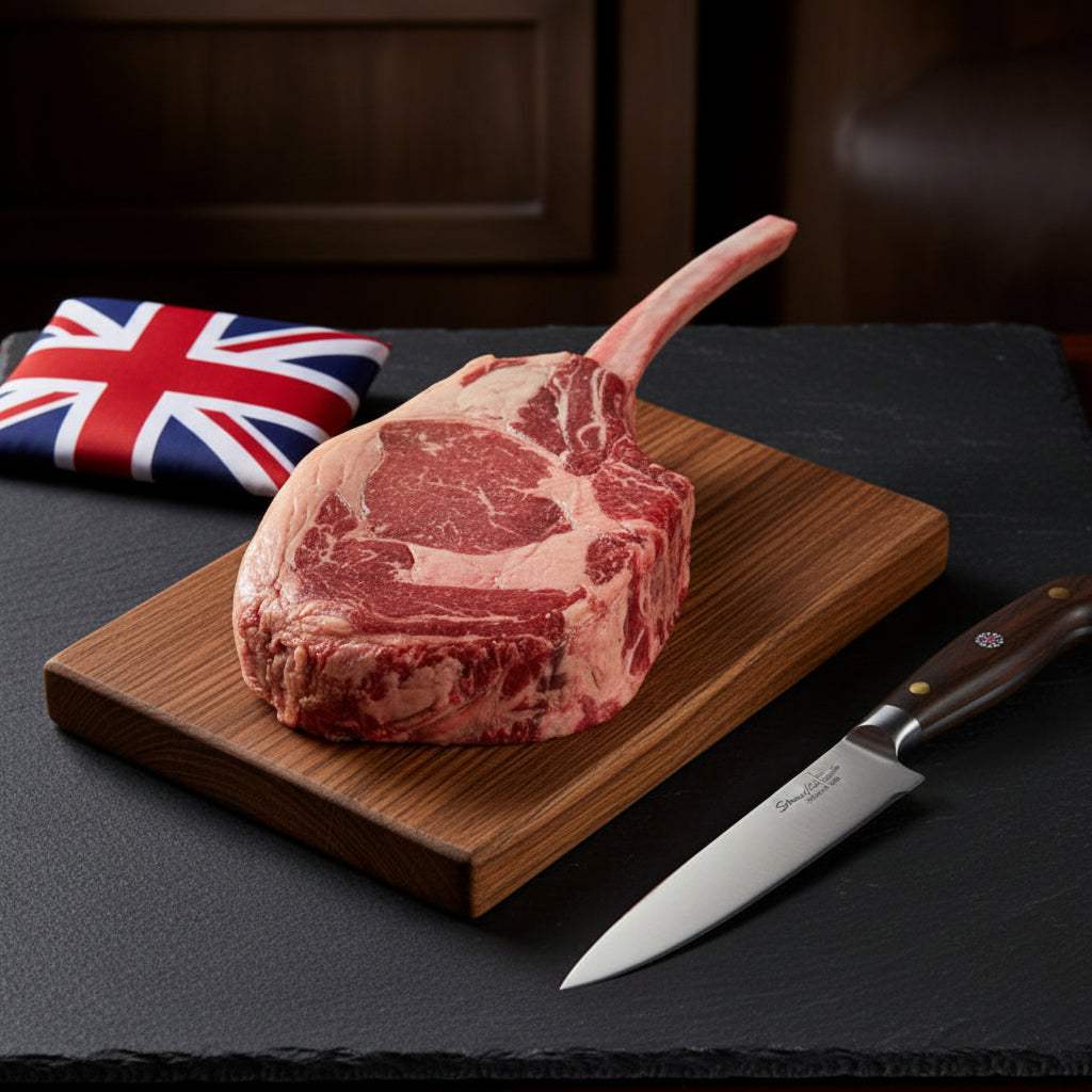 British Wagyu bone-in tomahawk steak with pronounced marbling and fat seam on a wooden board beside a knife and folded Union Jack flag