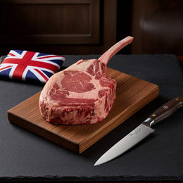 British Wagyu bone-in tomahawk steak with pronounced marbling and fat seam on a wooden board beside a knife and folded Union Jack flag