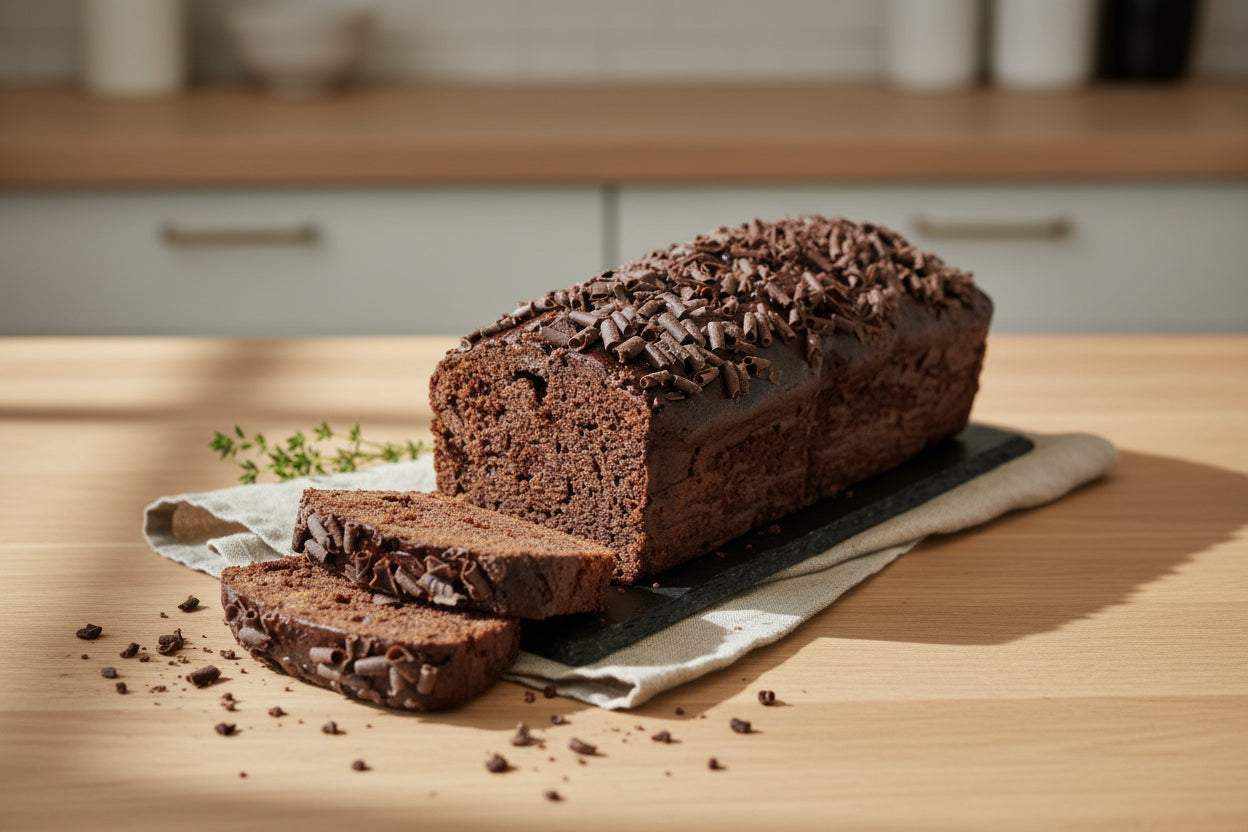 Chocolate and orange cake loaf 900g frozen dessert sliced on white plate