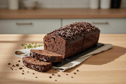 Chocolate and orange cake loaf 900g frozen dessert sliced on white plate