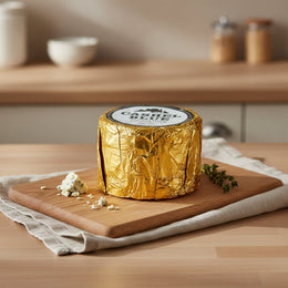 Cashel Blue Irish farmhouse cheese wedge on wooden board