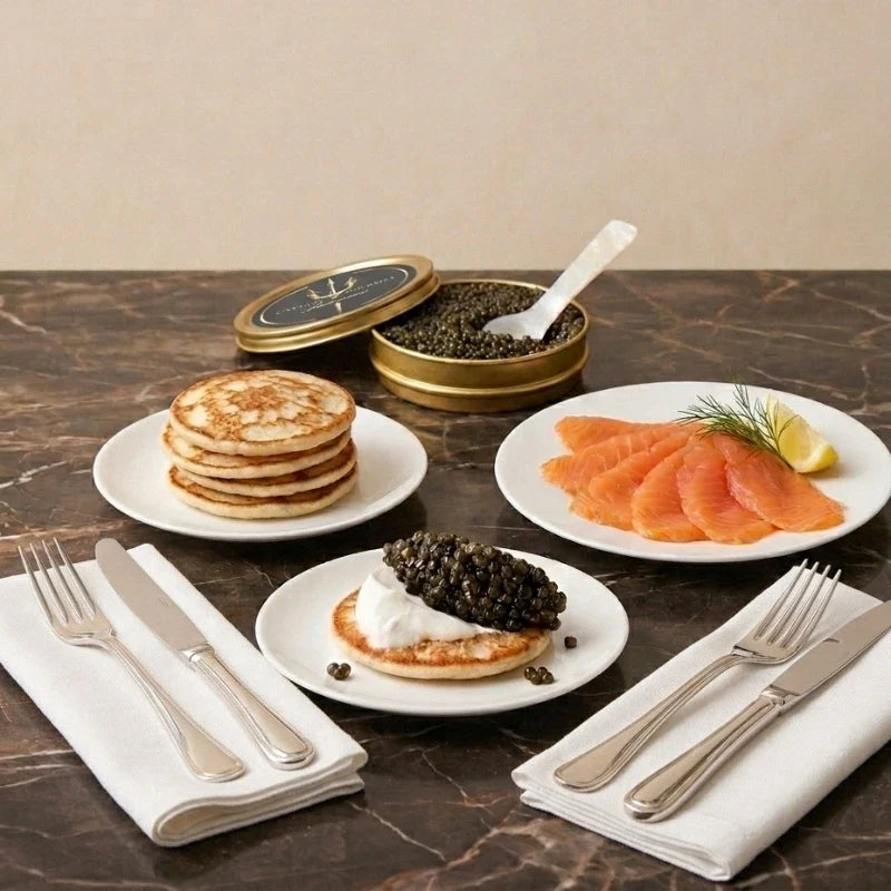 caviar brunch box with oscietra royal, smoked salmon, creme fraiche, and blinis