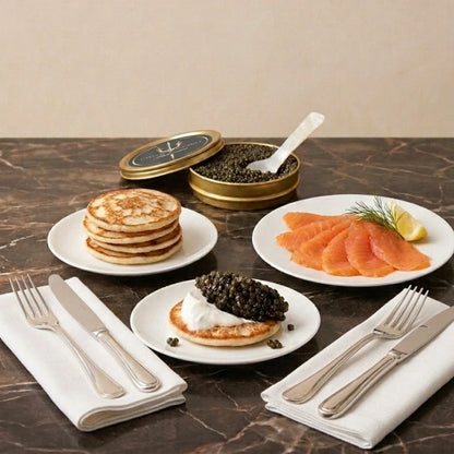 caviar brunch box with oscietra royal, smoked salmon, creme fraiche, and blinis