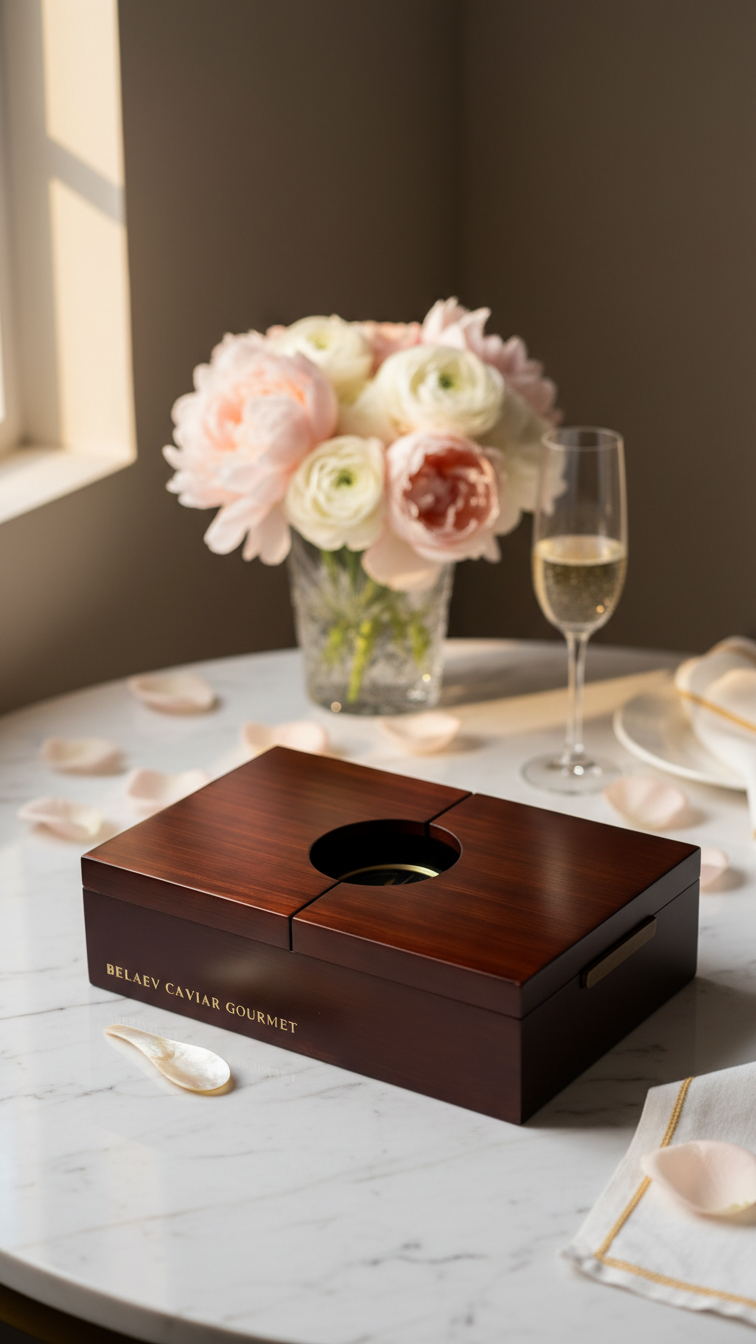 Elegant BELEAEV caviar gift box with pearl spoon and caviar key