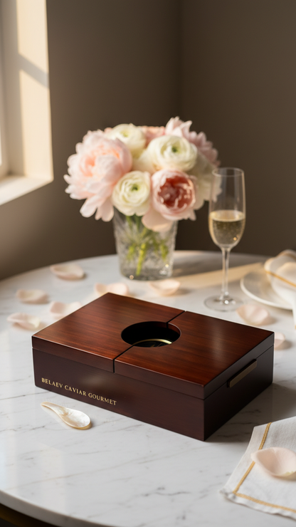 Elegant BELEAEV caviar gift box with pearl spoon and caviar key