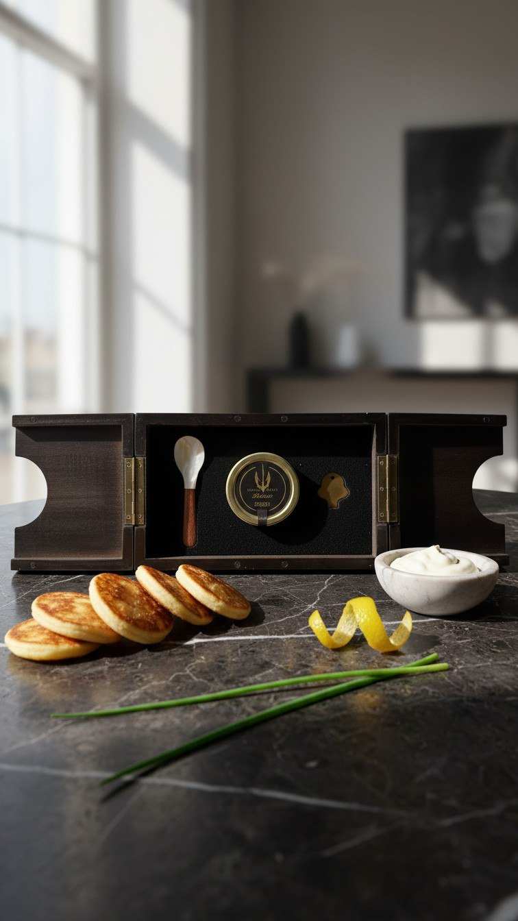 Elegant BELEAEV caviar gift box with wooden finish and pearl spoon