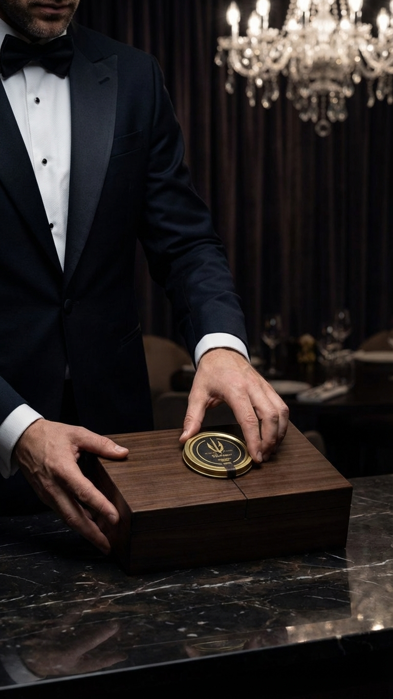 Elegant caviar gift box with mother-of-pearl spoon and cooling element