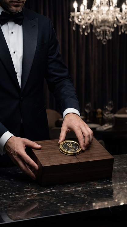 Elegant caviar gift box with mother-of-pearl spoon and cooling element