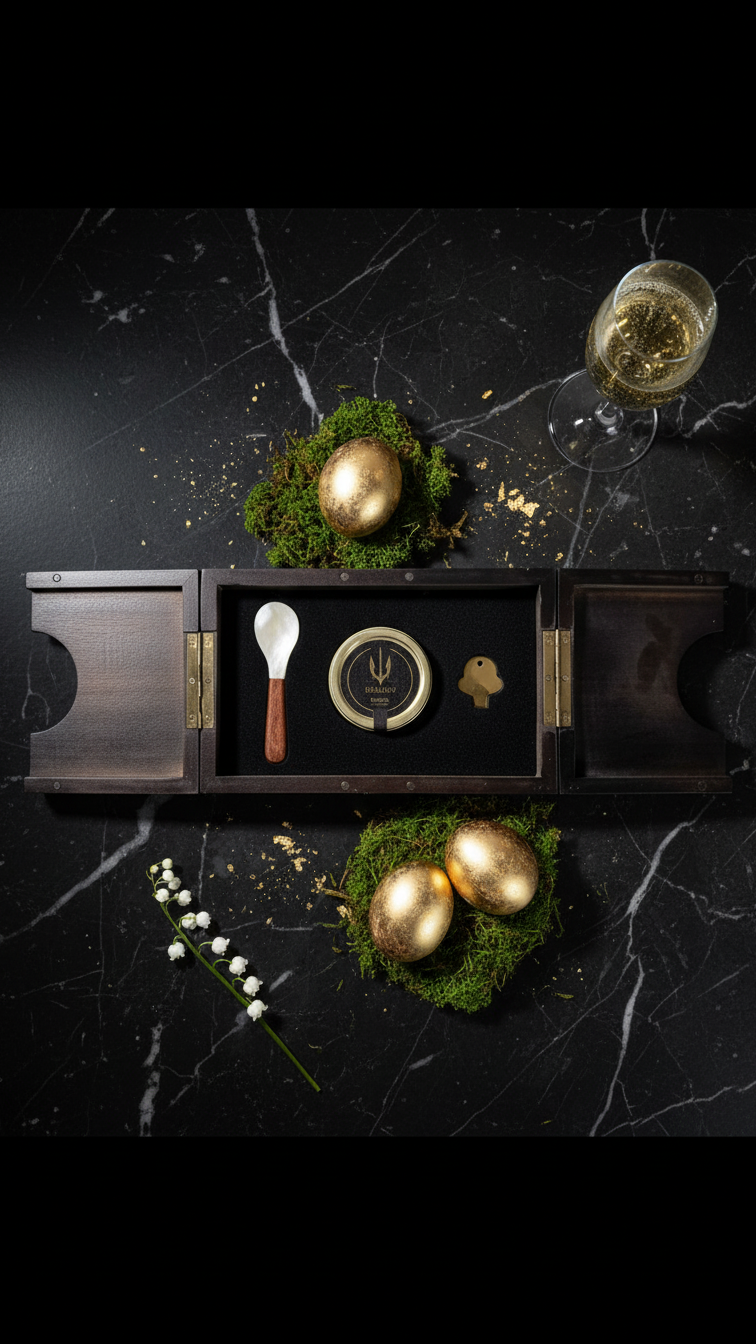 Elegant caviar gift box with mother-of-pearl spoon and cooling element