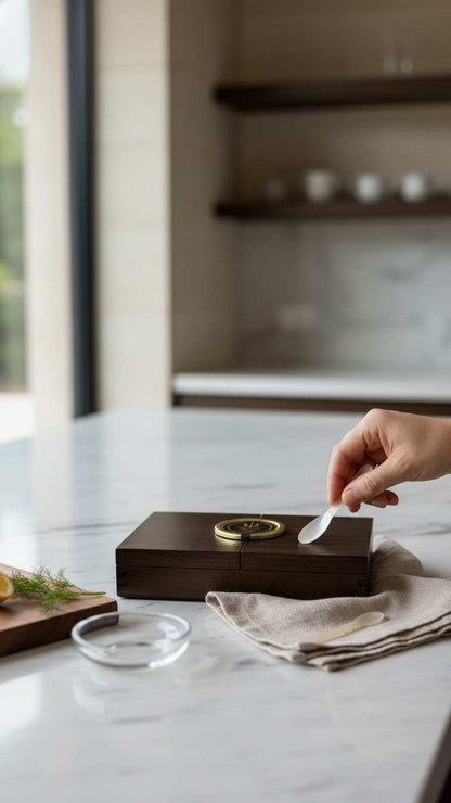 Elegant wooden caviar gift box with mother-of-pearl spoon and cooling element